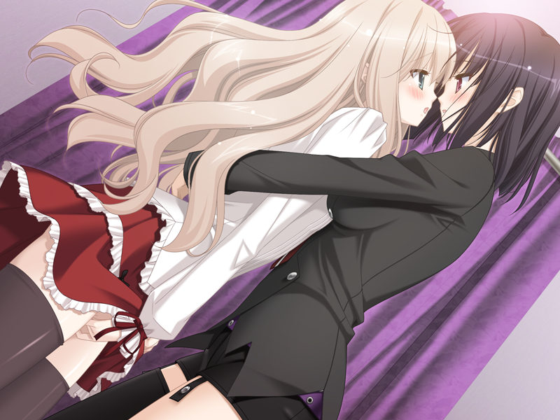 kani biimu, kawamura reo, sawaguchi mai, sono hanabira ni kuchizuke wo, black legwear, game cg, 2girls, black hair, blonde hair, blue eyes, blush, curtains, dress shirt, dutch angle, eye contact, female focus, female masturbation, fingering, frills, hug, indoors, long hair, long sleeves, looking at another, looking up, masturbation, multiple girls, open mouth, red eyes, school uniform, shirt, short hair, shorts, standing, thighhighs, yuri, zettai ryouiki