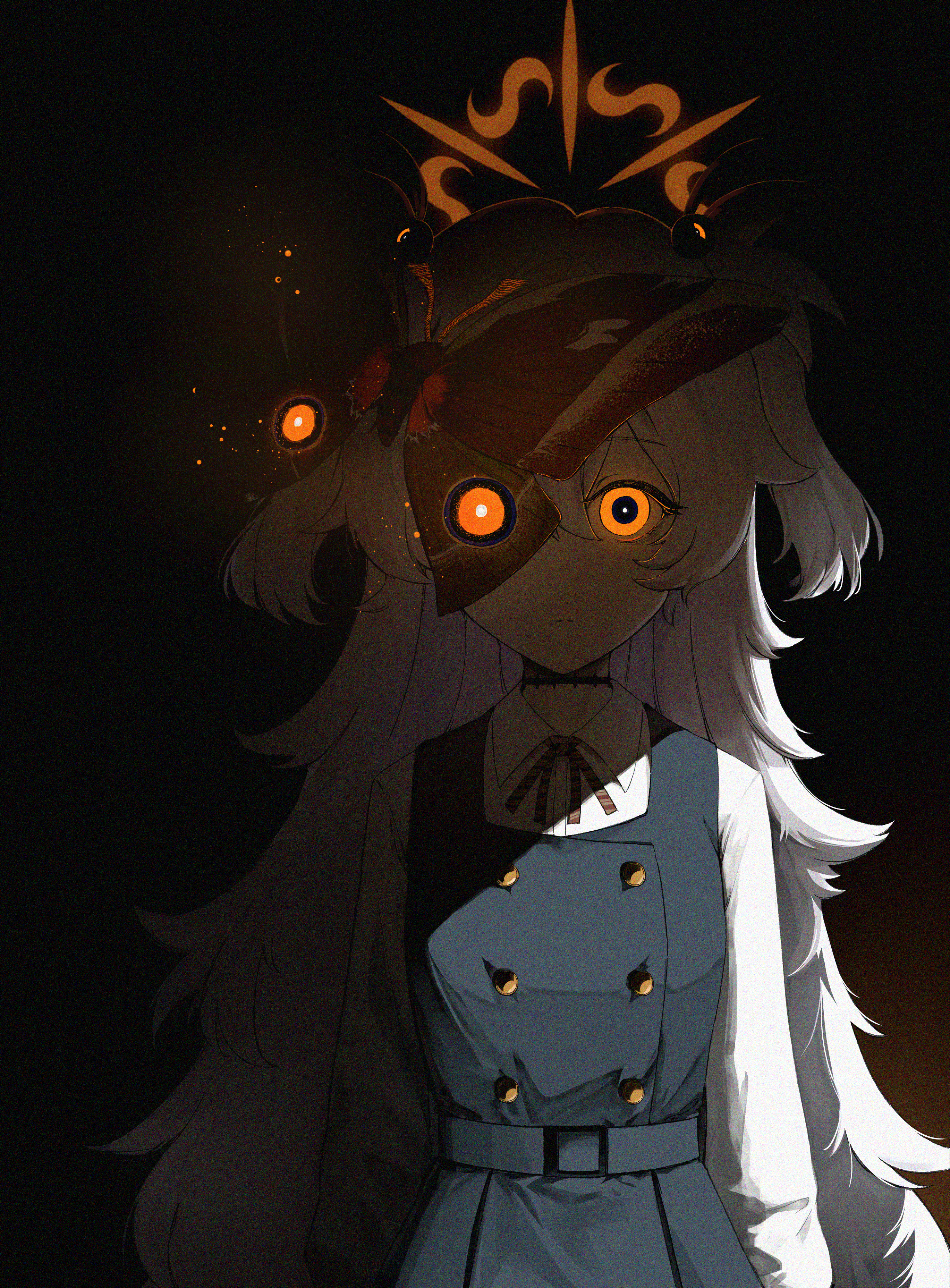 daresuki 05, kanoe (blue archive), blue archive, commentary, highres, 1girl, arms at sides, black background, black dress, breasts, bright pupils, bug, buttons, collared shirt, dark, dated commentary, diagonal-striped ribbon, double-breasted, dress, expressionless, film grain, glowing, glowing eyes, glowing halo, gradient background, grey hair, hair ornament, hair over one eye, halo, heavy film grain, insect, long bangs, long hair, long sleeves, looking at viewer, messy hair, moth, orange background, orange eyes, orange halo, parted bangs, pinafore dress, puffy long sleeves, puffy sleeves, scar, scar on neck, shade, shirt, short twintails, sidelighting, sidelocks, sleeveless, sleeveless dress, small breasts, solo, sphere hair ornament, standing, staring, twintails, upper body, very long hair, white shirt