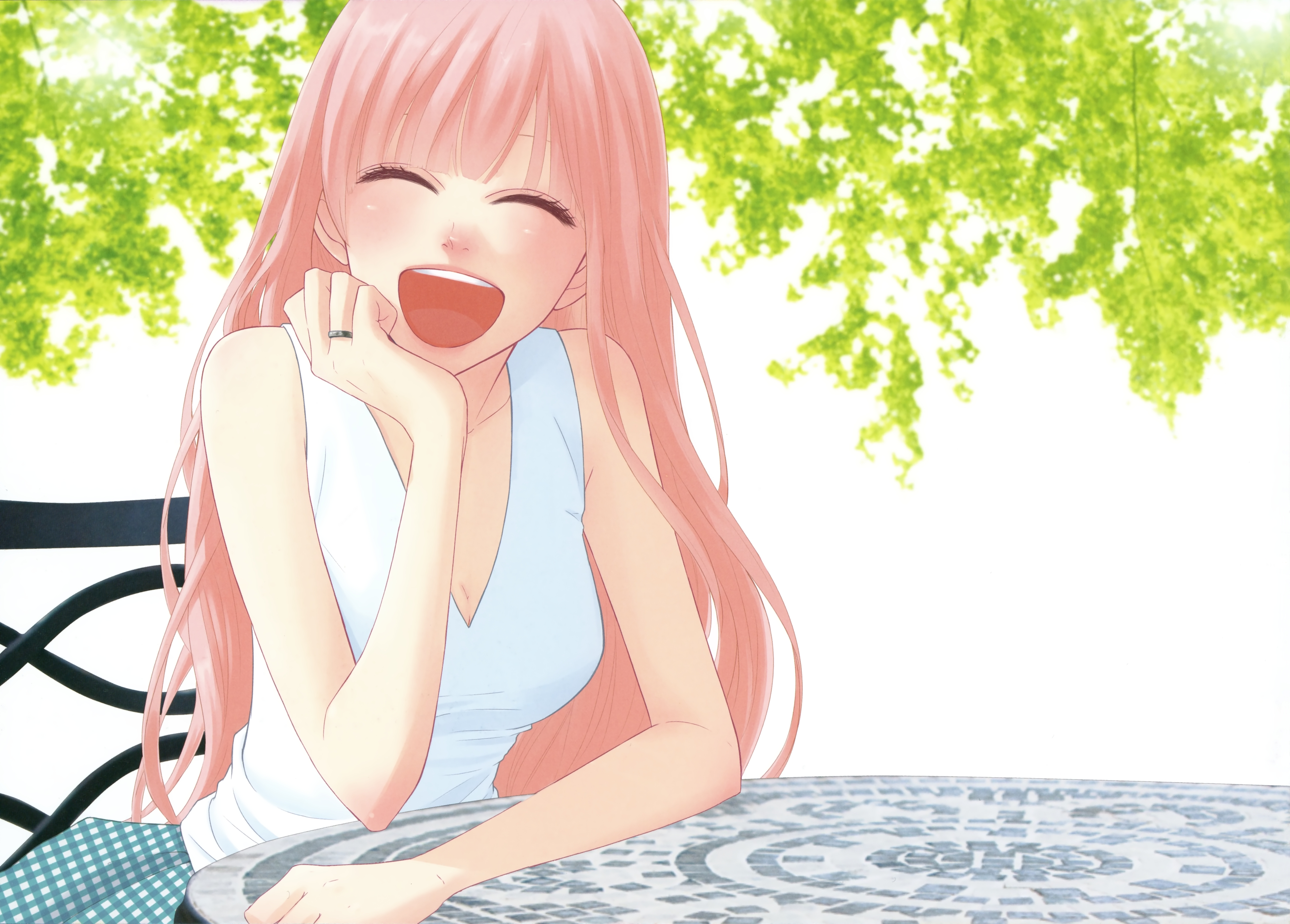 yunomi (yunomi imonuy), megurine luka, just be friends (vocaloid), vocaloid, absurdres, highres, 1girl, alternate hairstyle, breasts, cleavage, closed eyes, cup, day, female focus, happy, head rest, jewelry, laughing, long hair, outdoors, pink hair, ring, sleeveless, smile, solo, yunomi