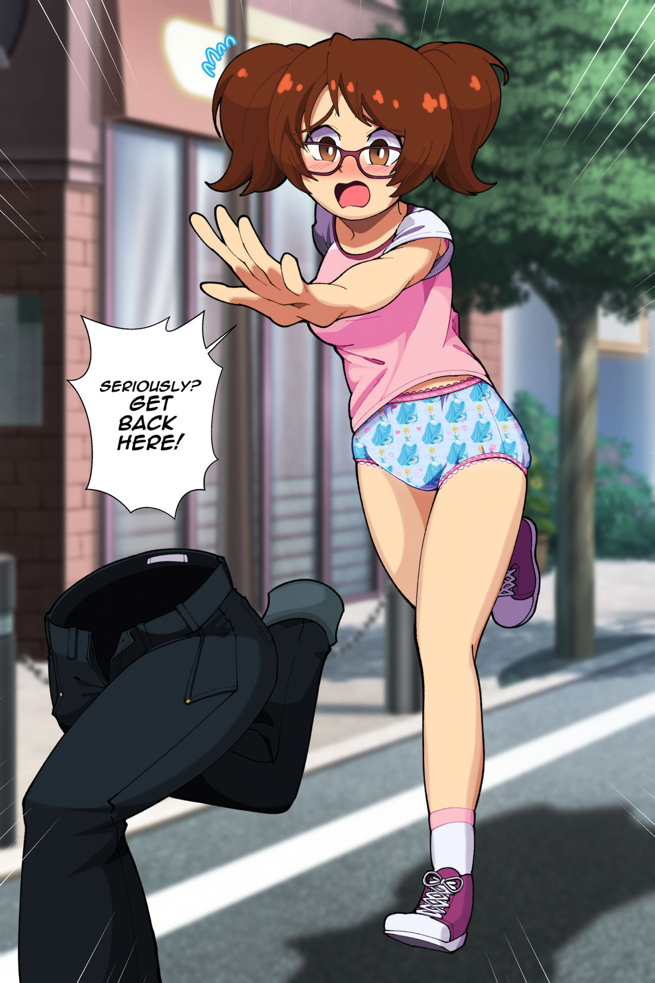 euf-dreamer, cinderella (disney character), cora (my new life), cinderella (disney movie), disney, my new life, original, 1girl, black pants, blue panties, blush, borrowed character, breasts, brown eyes, brown hair, building, bush, character print, chasing, clothes writing, embarrassed, emphasis lines, glasses, heart, heart print, lace, lace-trimmed panties, lace trim, living clothes, long hair, medium breasts, open mouth, panties, pants, pink shirt, print panties, purple shoes, road, running, shirt, shoes, short sleeves, sidewalk, sneakers, socks, speech bubble, tree, twintails, underwear, unworn pants, white socks