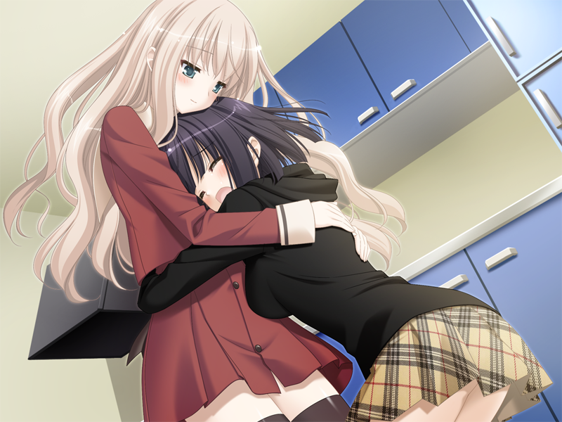 kani biimu, kawamura reo, sawaguchi mai, sono hanabira ni kuchizuke wo, game cg, 2girls, ass, black hair, blonde hair, closed eyes, comforting, female focus, head rest, height difference, hug, long hair, multiple girls, school uniform, tears, thighhighs, yuri