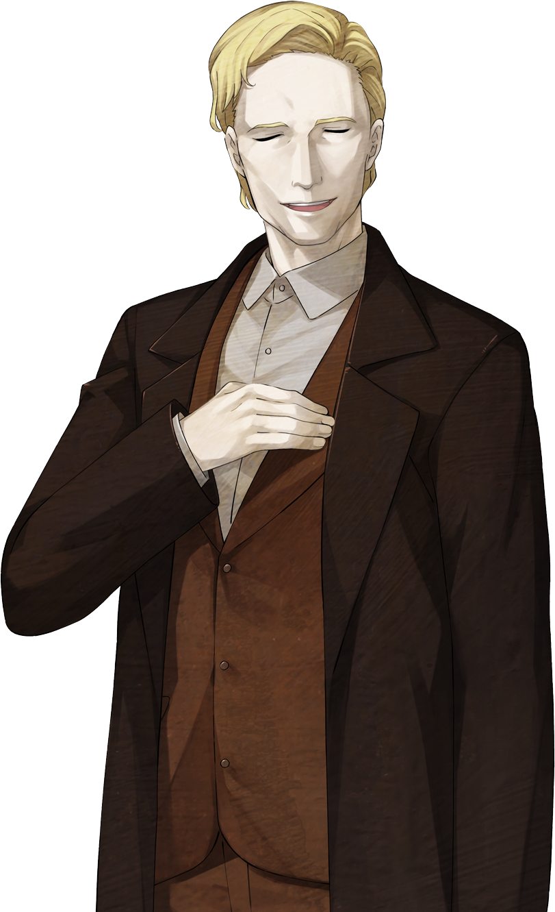 huke, alexis leskinen, science adventure, steins;gate, steins;gate 0, check clothing, clothing request, game cg, highres, non-web source, official art, 1boy, black coat, blonde hair, brown jacket, brown pants, closed eyes, coat, collared shirt, dress shirt, formal clothes, hand on own chest, jacket, lapels, male focus, notched lapels, open mouth, overcoat, pants, shirt, short hair, simple background, smile, solo, sprite, suit, transparent background, very short hair, white shirt