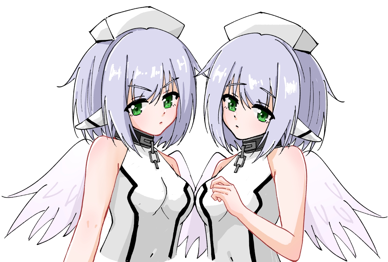 particle pfli, oregano (sora no otoshimono), sora no otoshimono, chinese commentary, commentary, bare shoulders, breasts, chain, collar, covered navel, dress, green eyes, hat, medium breasts, metal collar, nurse cap, purple hair, robot ears, short hair, simple background, sleeveless, sleeveless dress, upper body, white background, white dress, white wings, wings