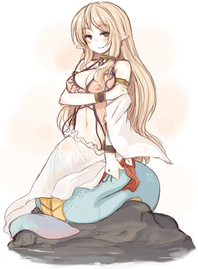 7010, original, 1girl, bare shoulders, blonde hair, blush, breasts, brown eyes, cleavage, earrings, female focus, jewelry, lamia, large breasts, long hair, monster girl, pointy ears, rock, smile, solo