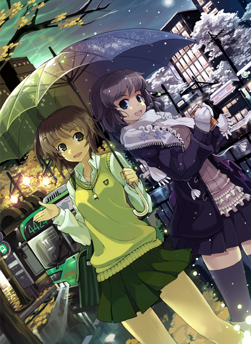 armcho, original, 2girls, autumn, bag, brown hair, coat, mittens, multiple girls, pantyhose, purple hair, scarf, seasons, shared umbrella, skirt, snow, sweater vest, thighhighs, umbrella, vest, winter, zettai ryouiki