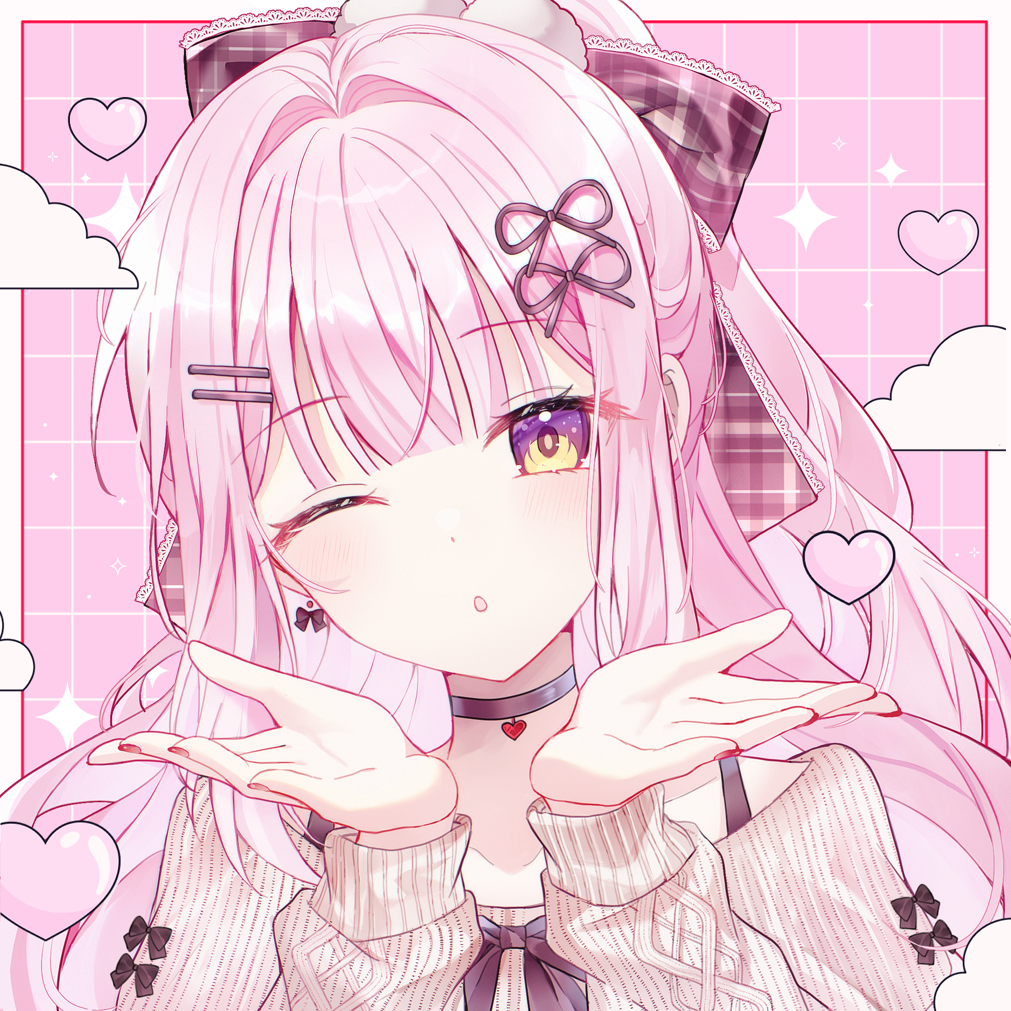 seno (senohime), mika (blue archive), blue archive, commentary request, highres, 1girl, alternate costume, black choker, brown sweater, choker, close-up, collarbone, fingernails, heart, heart choker, looking at viewer, nail polish, one eye closed, pink hair, purple eyes, red nails, solo, sweater