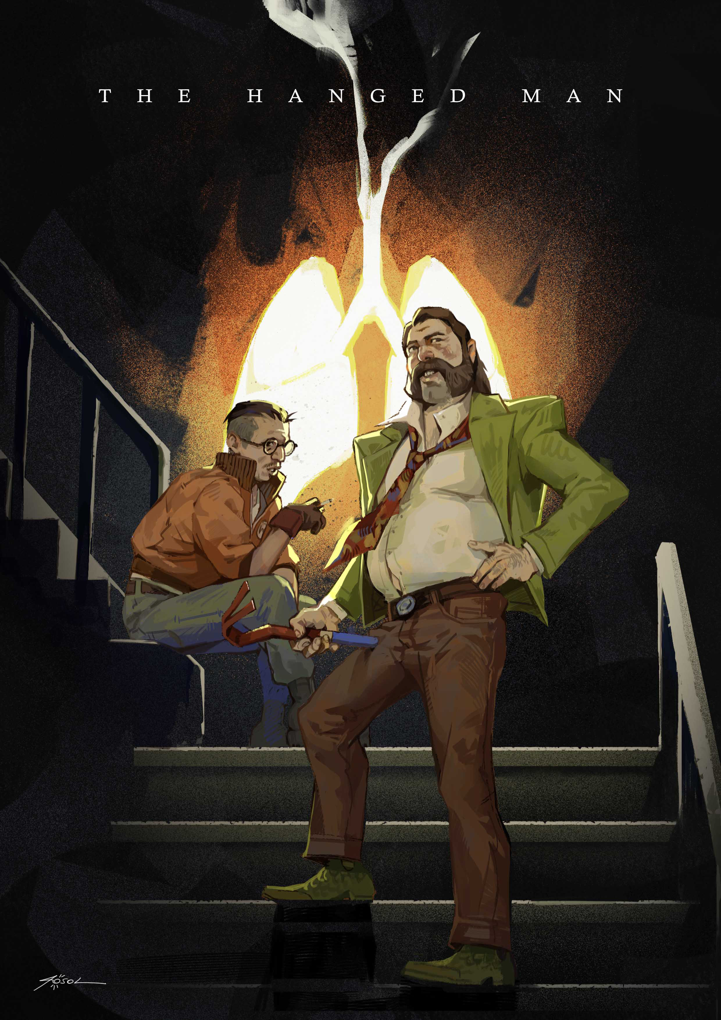 harry du bois, horrific necktie, kim kitsuragi, disco elysium, absurdres, commentary, english commentary, highres, 2boys, belt, between legs, black hair, blazer, bomber jacket, brown hair, buzz cut, cigarette, collared shirt, crowbar, cuartosol, english text, facial hair, full body, glowing organ, green jacket, hand between legs, hand on own hip, holding, holding cigarette, holding crowbar, jacket, lungs, male focus, multiple boys, mutton chops, necktie, orange jacket, shirt, shirt tucked in, short hair, sitting, slouching, stairs, standing, very short hair, white shirt