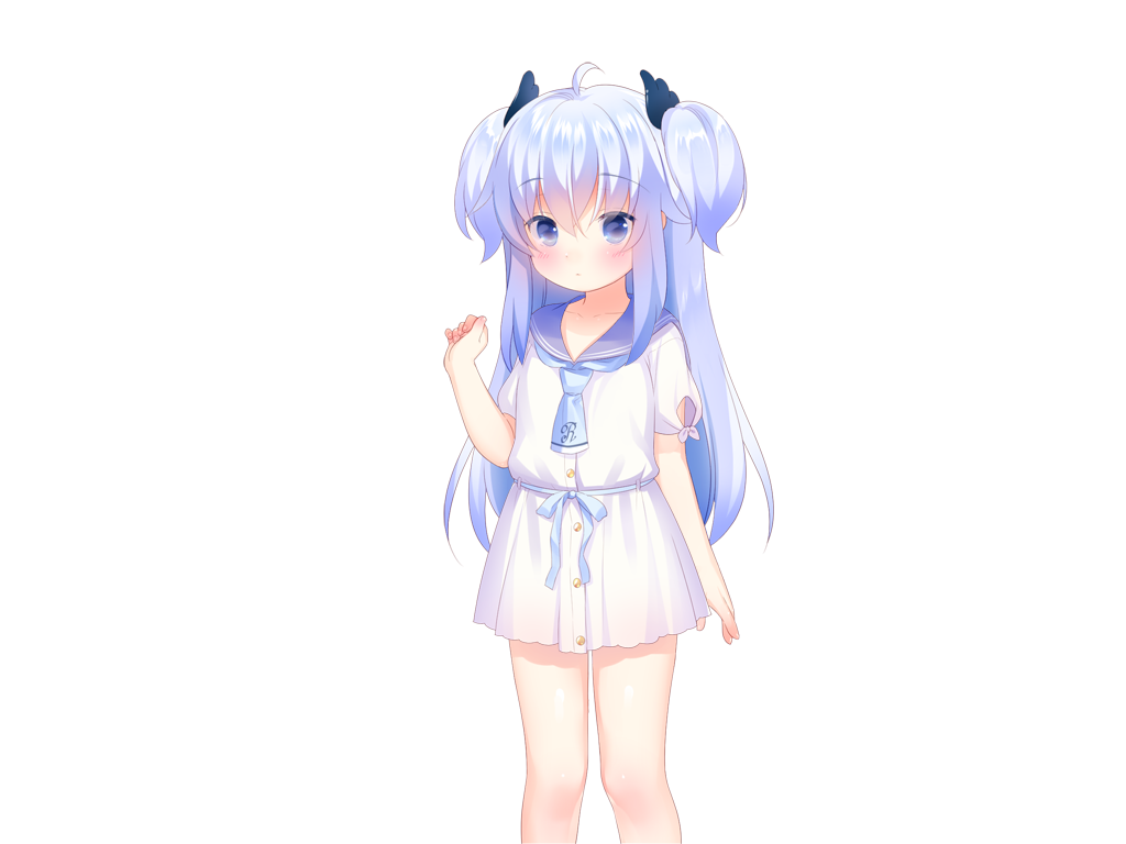 usashiro mani, sunao (harem futago lolita), harem futago lolita, game cg, large variant set, non-web source, variant set, 1girl, ahoge, blue eyes, blue hair, blue necktie, blue sailor collar, blush, buttons, closed mouth, feet out of frame, hair between eyes, hand up, long hair, looking at viewer, necktie, pleated skirt, sailor collar, school uniform, serafuku, shirt, short sleeves, sidelocks, simple background, skirt, solo, standing, tachi-e, transparent background, two side up, white shirt, white skirt