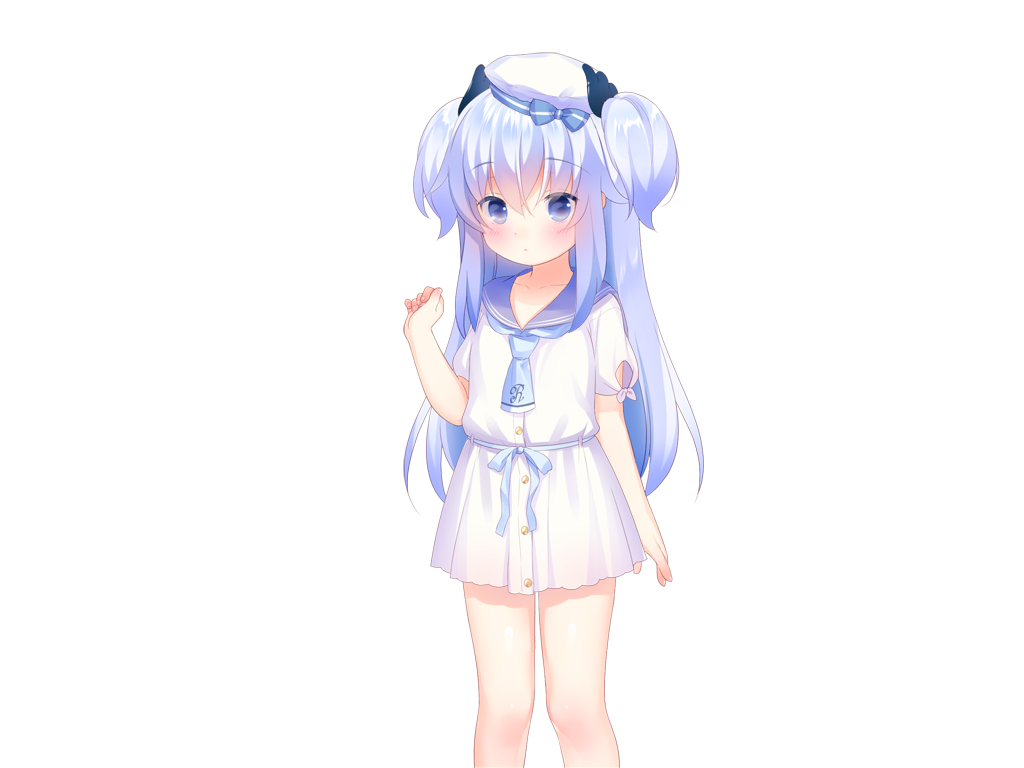 usashiro mani, sunao (harem futago lolita), harem futago lolita, game cg, large variant set, non-web source, variant set, 1girl, ahoge, blue bow, blue eyes, blue hair, blue necktie, blue sailor collar, blush, bow, buttons, closed mouth, feet out of frame, hair between eyes, hand up, hat, hat bow, long hair, looking at viewer, necktie, pleated skirt, sailor collar, school uniform, serafuku, shirt, short sleeves, sidelocks, simple background, skirt, solo, standing, striped bow, tachi-e, transparent background, two side up, white hat, white shirt, white skirt