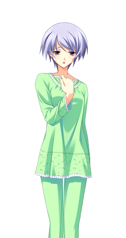 matsuo yukihiro, kishimoto ayase, chaos;head, science adventure, game cg, non-web source, official art, 1girl, blue hair, crying, fingernails, green pants, green shirt, hand on own chest, hospital gown, narrowed eyes, open mouth, pants, pink eyes, shirt, short hair, solo, sprite, streaming tears, tears, transparent background