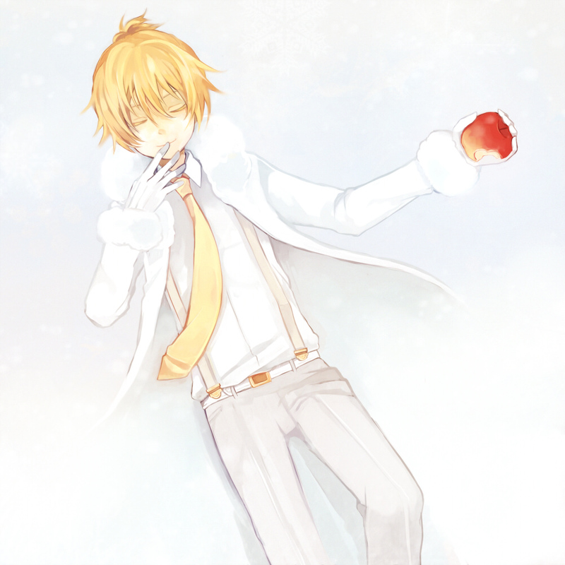 tama (songe), kagamine len, vocaloid, 1boy, apple, blonde hair, closed eyes, food, fruit, gloves, male focus, necktie, solo, yellow necktie