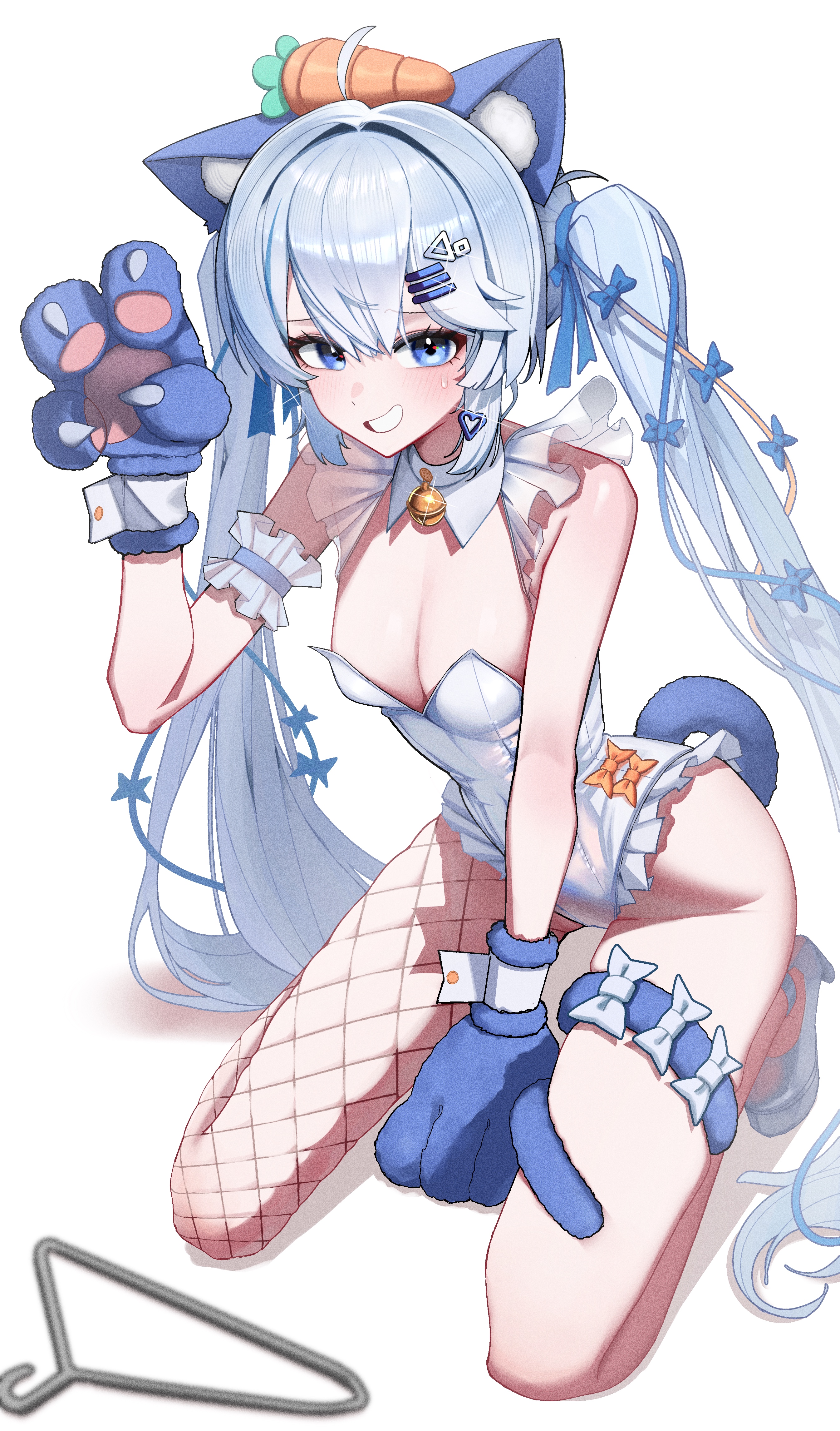 shin dohan, gosegu, waktaverse, absurdres, commentary request, highres, korean commentary, 1girl, ahoge, animal costume, animal ears, animal hands, asymmetrical legwear, bare shoulders, bell, blue eyes, blush, breasts, carrot, cat costume, cat ears, cat paws, cat tail, claw pose, cleavage, dress, fake animal ears, fake tail, fishnet pantyhose, fishnets, frilled dress, frills, hair ornament, hair ribbon, hairclip, halter dress, halterneck, jingle bell, kittysuit, kneeling, long hair, looking at viewer, medium breasts, nontraditional playboy bunny, pantyhose, parallel hairclips, ribbon, shoes, smile, sweatdrop, tail, tail around own leg, twintails, uneven legwear, very long hair, virtual youtuber, white background, white dress, white hair, white shoes