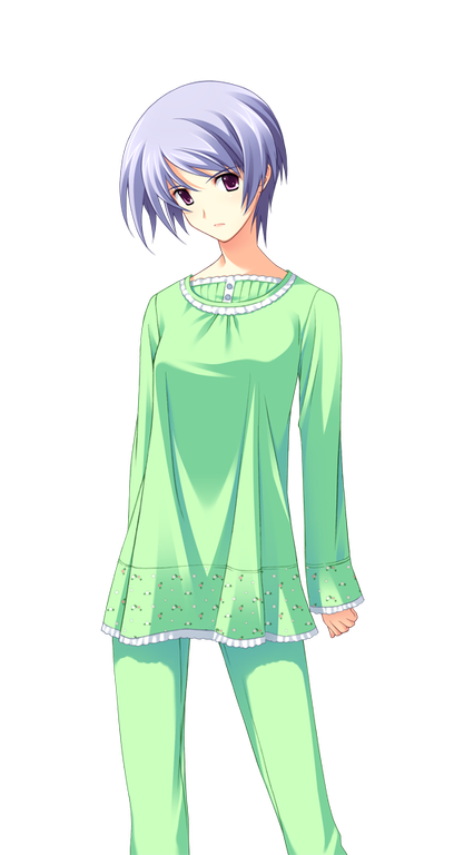 matsuo yukihiro, kishimoto ayase, chaos;head, science adventure, game cg, non-web source, official art, 1girl, blue hair, fingernails, green pants, green shirt, hospital gown, looking at viewer, pants, pink eyes, serious, shirt, short hair, solo, sprite, transparent background