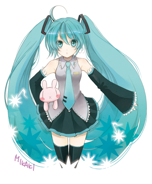 mikaki mikako, hatsune miku, vocaloid, detached sleeves, long hair, necktie, skirt, solo, thighhighs, twintails, very long hair, zettai ryouiki