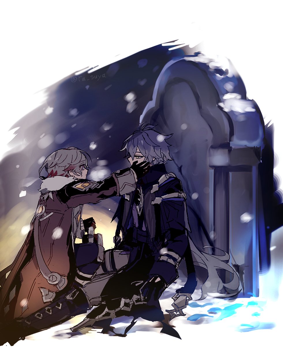 ra suya, flins (genshin impact), illuga (genshin impact), genshin impact, highres, 2boys, ahoge, black gloves, blue hair, closed mouth, covered mouth, gloves, grave, hand on another's cheek, hand on another's face, holding, holding lamp, kneeling, lamp, long sleeves, looking at another, male focus, multiple boys, sitting, tombstone, yellow eyes