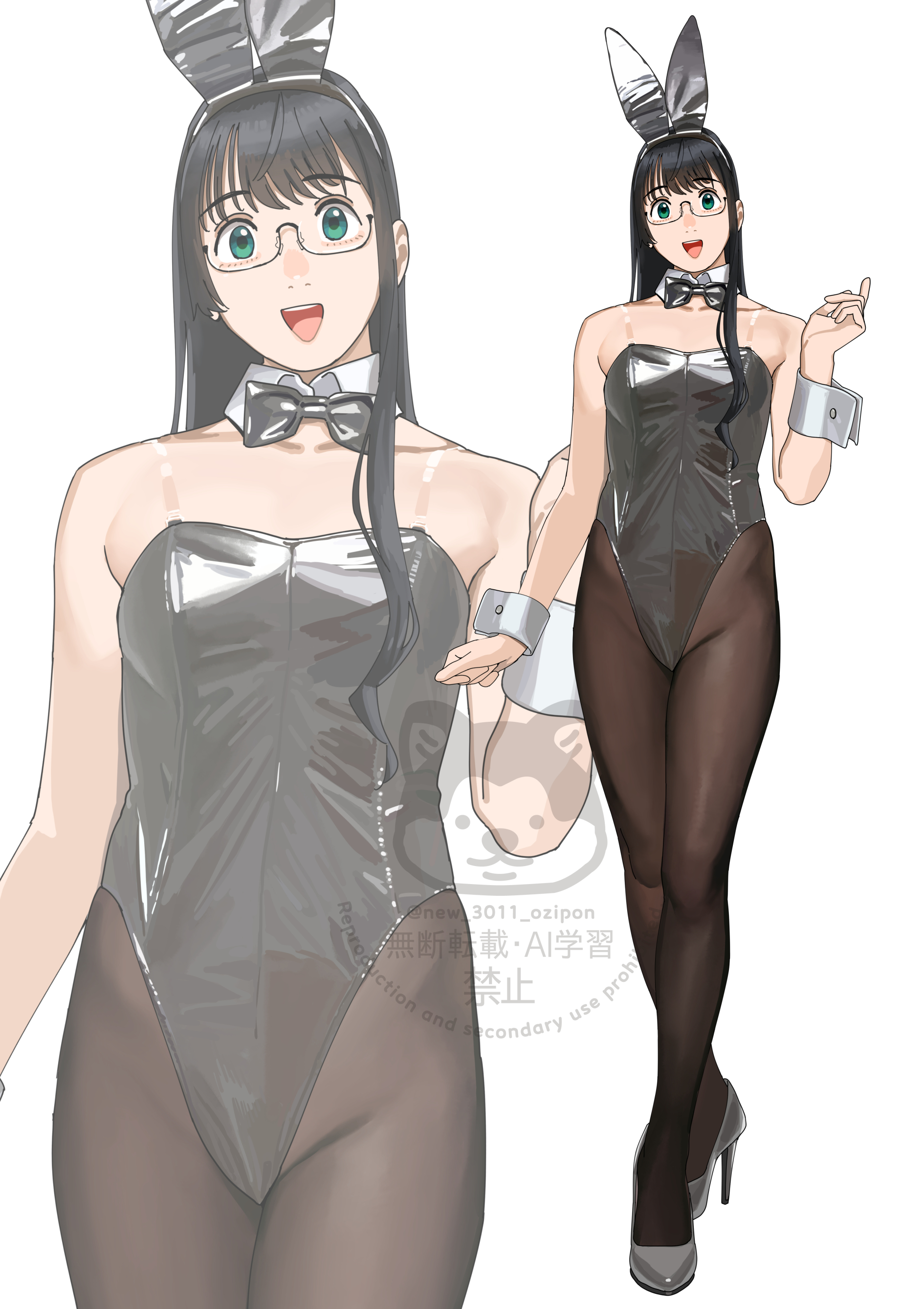 ojipon, ooyodo (kancolle), kantai collection, absurdres, commentary request, highres, 1girl, adjusting eyewear, animal ears, black bow, black bowtie, black hair, black leotard, black pantyhose, black shoes, bow, bowtie, detached collar, fake animal ears, glasses, green eyes, legs, leotard, long hair, looking at viewer, open mouth, pantyhose, playboy bunny, rabbit ears, shoes, simple background, smile, solo, teeth, upper teeth only, watermark, white background, wrist cuffs, zoom layer