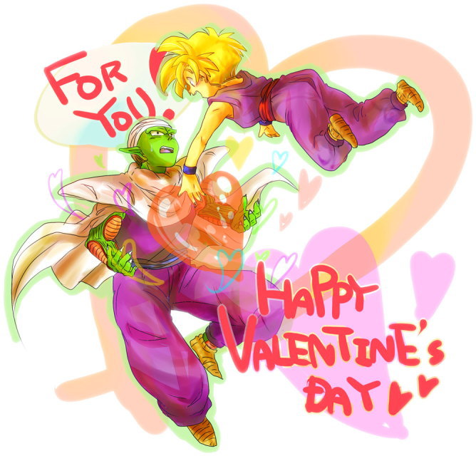 piccolo, son gohan, dragon ball, dragonball z, blonde hair, cape, colored skin, green skin, heart, pointy ears, super saiyan