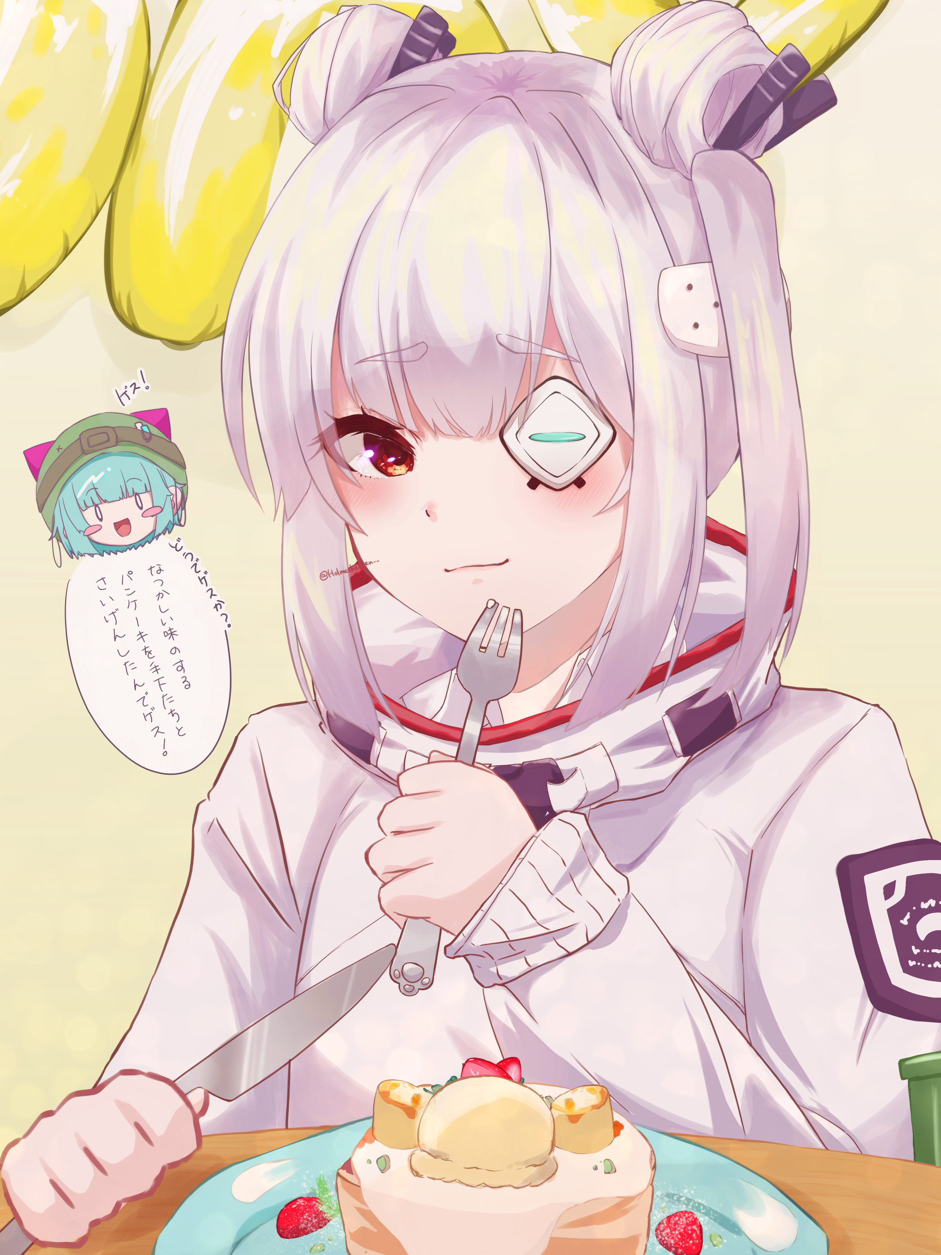 holmes hvbn, bungo yayoi, yamawaki bon ivar, heaven burns red, absurdres, commentary request, highres, 1girl, cake, chibi, double bun, eyepatch, food, fork, fruit, grey hair, hair bun, holding, holding fork, red eyes, strawberry, sweater vest, table knife