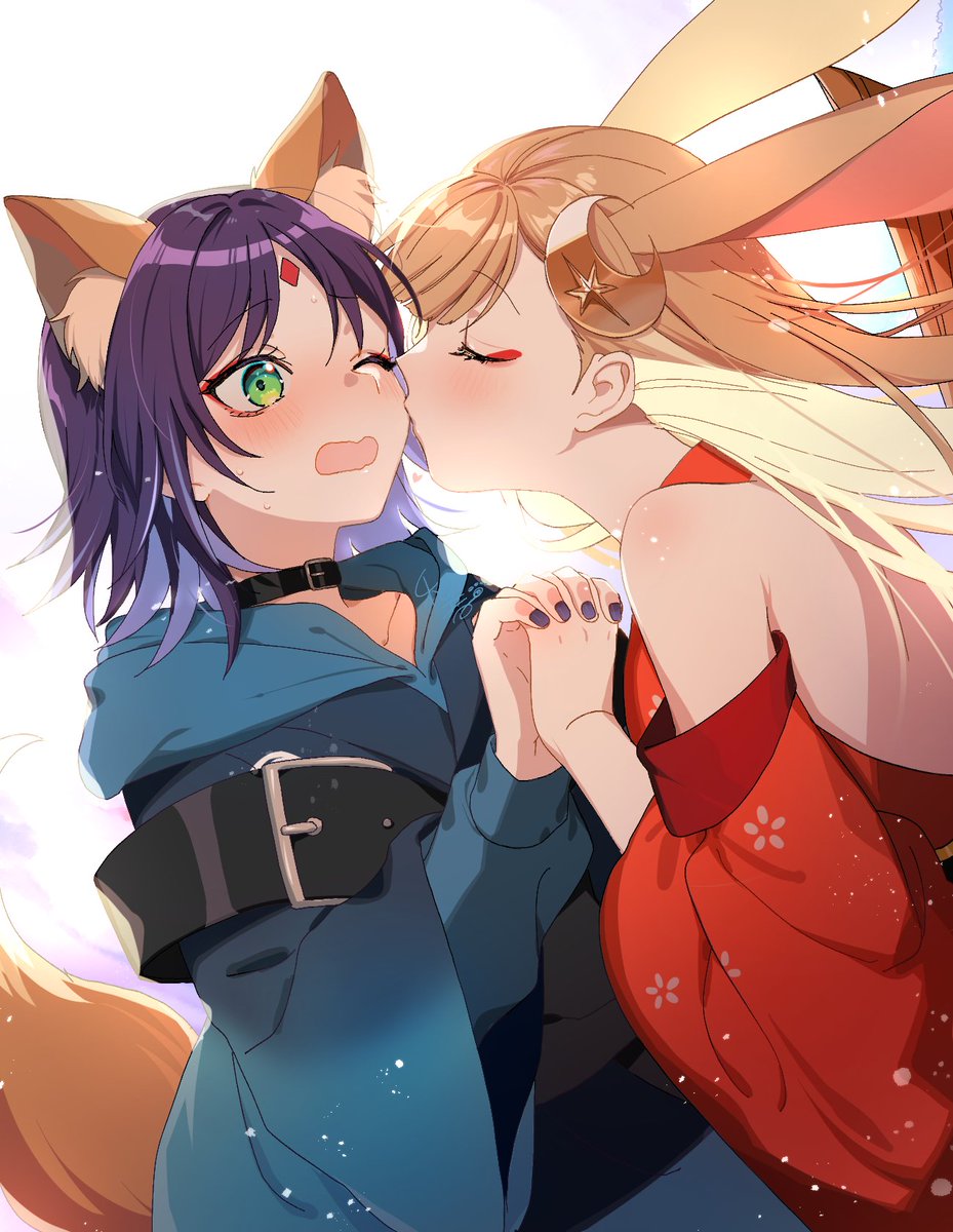 kaguya (chou kaguya-hime!), chou kaguya-hime!, commentary, highres, 2girls, animal ears, bare shoulders, black collar, blonde hair, blue hoodie, blush, closed eyes, collar, dress, forehead jewel, fox ears, fox girl, fox tail, green eyes, holding hands, hood, hoodie, interlocked fingers, iroha sakayori, ka zu neko, kiss, kissing cheek, long hair, medium hair, multiple girls, one eye closed, open mouth, purple nails, red dress, simple background, tail, white background, yuri
