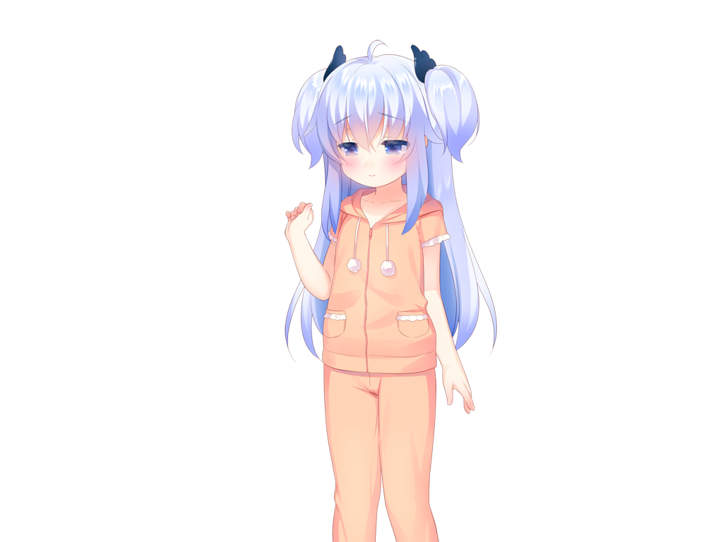 usashiro mani, sunao (harem futago lolita), harem futago lolita, game cg, large variant set, non-web source, variant set, 1girl, ahoge, blue eyes, blue hair, blush, closed mouth, collarbone, drawstring, feet out of frame, hair between eyes, hand up, hood, hood down, hoodie, long hair, orange hoodie, orange pajamas, orange pants, pajamas, pants, pom pom (clothes), short sleeves, sidelocks, simple background, solo, standing, tachi-e, transparent background, two side up