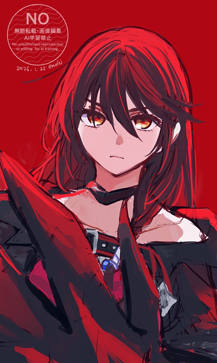 enoki (megaclam), velvet crowe, tales of (series), tales of berseria, commentary, highres, 1girl, artist name, black cape, black choker, black hair, braid, cape, choker, claws, dated, dress, from side, hair between eyes, long hair, magic arm, off-shoulder capelet, red background, red dress, solo, upper body, watermark, yellow eyes