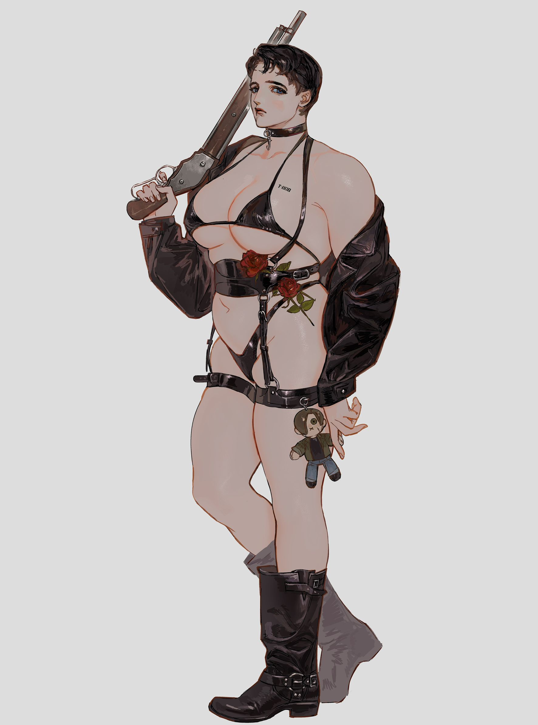 rora (auroradiation), original, terminator (series), commentary, english commentary, highres, 1girl, bikini, black bikini, black boots, boots, breasts, choker, flower, gun, jacket, large breasts, leather, leather boots, leather jacket, micro bikini, navel, plump, red flower, red rose, rose, short hair, shotgun, simple background, swimsuit, weapon, white background