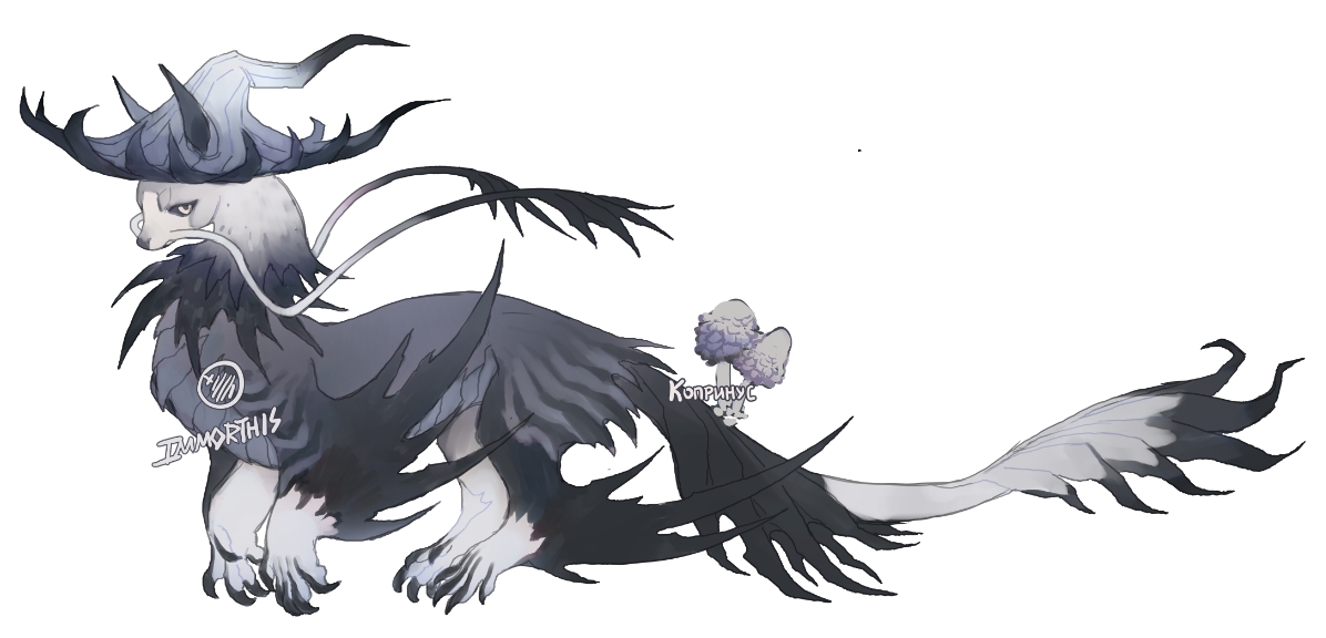 original, artist name, claws, colored skin, creature, dragon, facial hair, feathers, grey skin, hat, immorthis, limited palette, monster, mushroom, mustache, reference sheet, watermark, white background