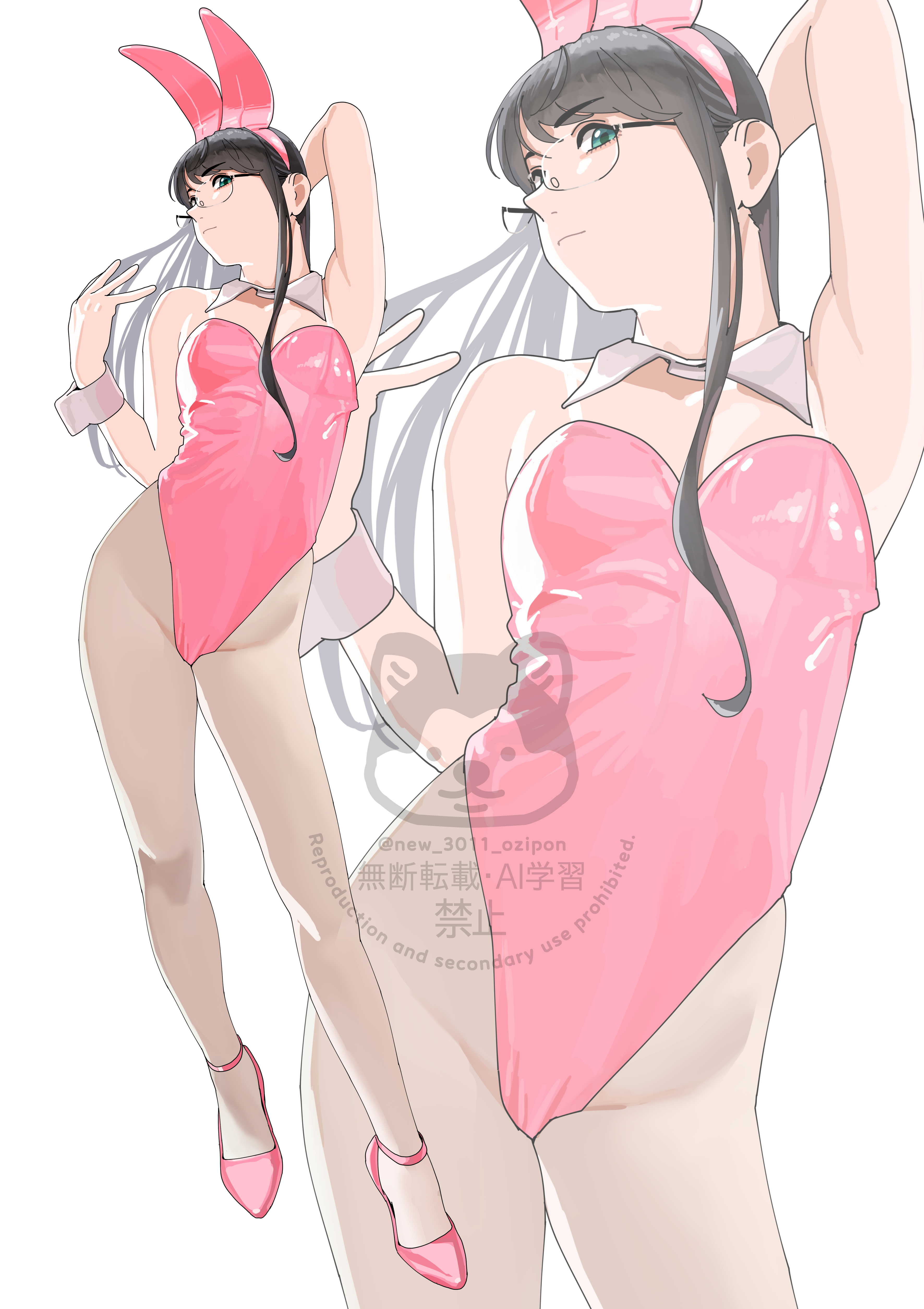 ojipon, ooyodo (kancolle), kantai collection, absurdres, commentary request, highres, 1girl, adjusting eyewear, animal ears, black hair, black shoes, closed mouth, detached collar, fake animal ears, glasses, green eyes, grey pantyhose, high heels, legs, leotard, long hair, looking at viewer, pantyhose, pink leotard, pink shoes, playboy bunny, rabbit ears, shoes, simple background, solo, watermark, white background, wrist cuffs, zoom layer