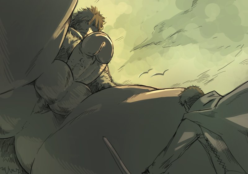 bara, giant, male focus, mini person, miniboy, monochrome, penis, sword, uncensored, weapon, yaoi