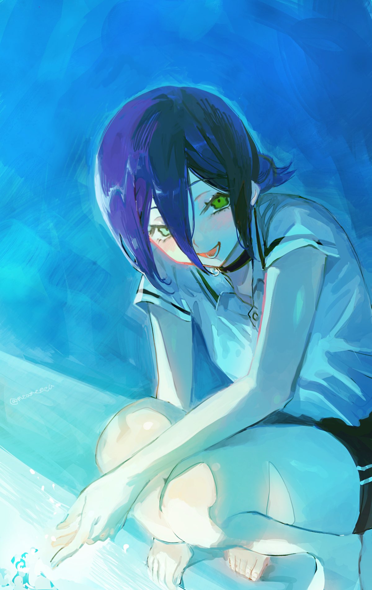 meameeea, reze (chainsaw man), chainsaw man, commentary request, highres, 1girl, barefoot, black choker, black shorts, breasts, choker, collared shirt, green eyes, grenade pin, hair between eyes, hair bun, looking at viewer, medium breasts, medium hair, open mouth, poolside, purple hair, shirt, short sleeves, shorts, smile, solo, splashing, squatting, updo, white shirt