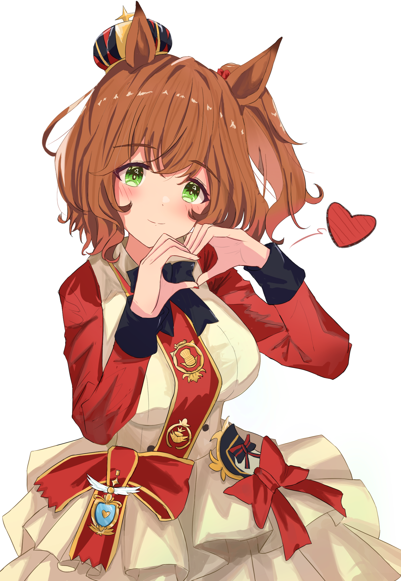 aston machan (flare) (umamusume), aston machan (umamusume), umamusume, commentary request, highres, 1girl, animal ears, black bow, black bowtie, blush, bow, bowtie, breasts, brown hair, crown, green eyes, heart, heart hands, horse ears, horse girl, jacket, kaze ju, large breasts, long sleeves, looking at viewer, mini crown, red bow, red sash, red scrunchie, red sleeves, sash, scrunchie, shoulder sash, simple background, skirt, smile, solo, tilted headwear, white jacket, white skirt