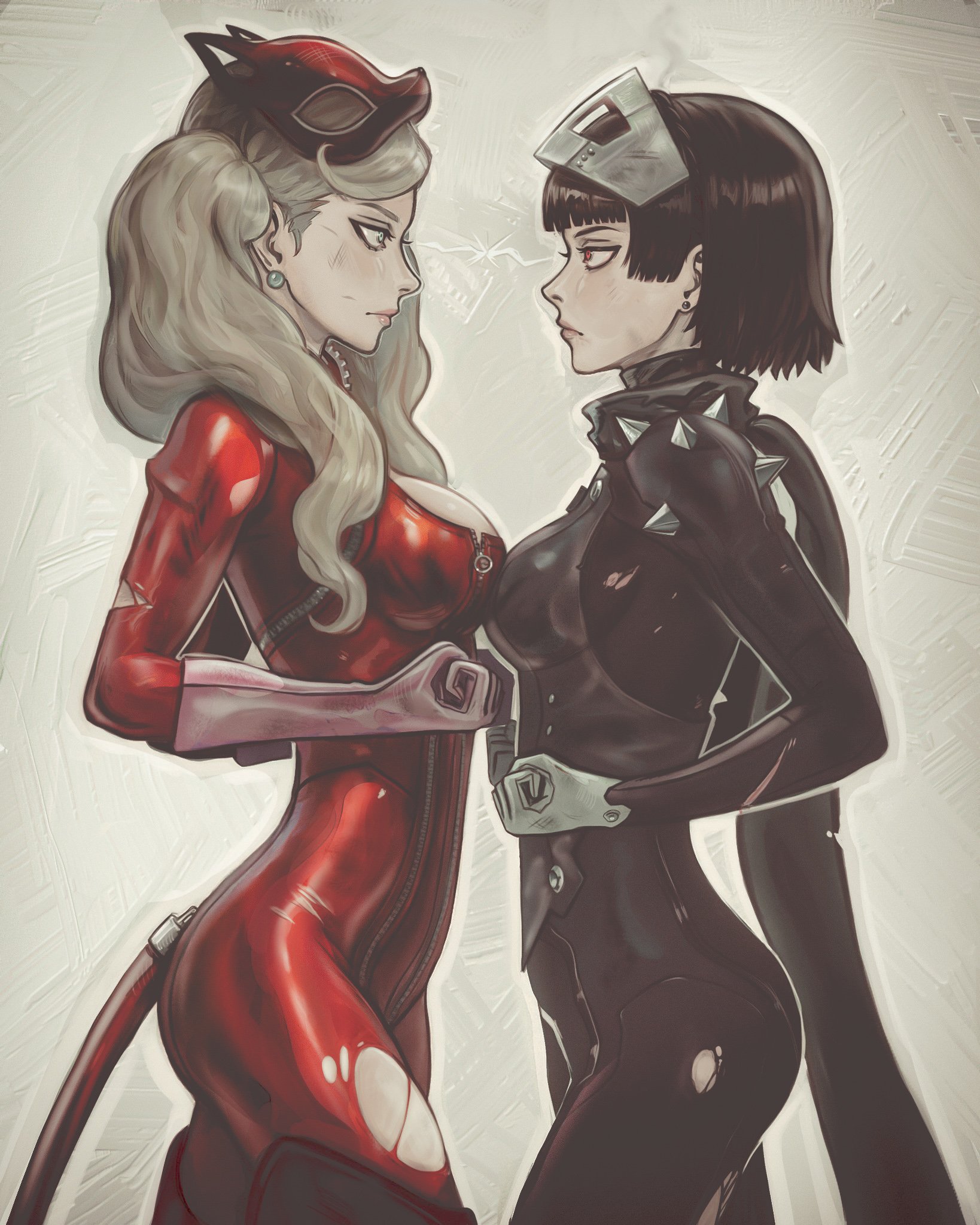 chapinor, niijima makoto, panther (persona 5), queen (persona 5), takamaki anne, capcom vs. snk, persona, persona 5, highres, revision, 2girls, akiman pose, annoyed, ass, biker clothes, black scarf, blonde hair, blue bodysuit, blue eyes, blunt bangs, bodysuit, braid, breast contest, breast on breast, breast press, breasts, brown hair, cat mask, catsuit, crown braid, earrings, from side, full-length zipper, gloves, grey mask, jewelry, latex, latex bodysuit, long hair, long scarf, looking at another, mask, mask on head, medium breasts, metal mask, multiple girls, pink gloves, red bodysuit, red eyes, red mask, rivalry, scarf, short hair, shoulder spikes, simple background, spiked knuckles, spikes, symmetrical docking, tail, twintails, white gloves, zipper