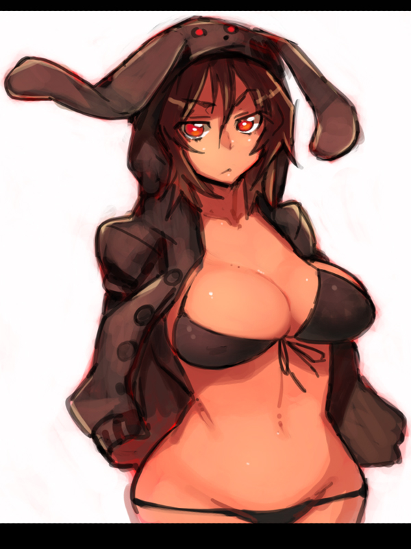 meme50, darth wooser, original, 1girl, bikini, black bikini, breasts, brown hair, cleavage, female focus, hands in pockets, hood, hoodie, jacket, large breasts, lowleg, lowleg bikini, red eyes, solo, swimsuit