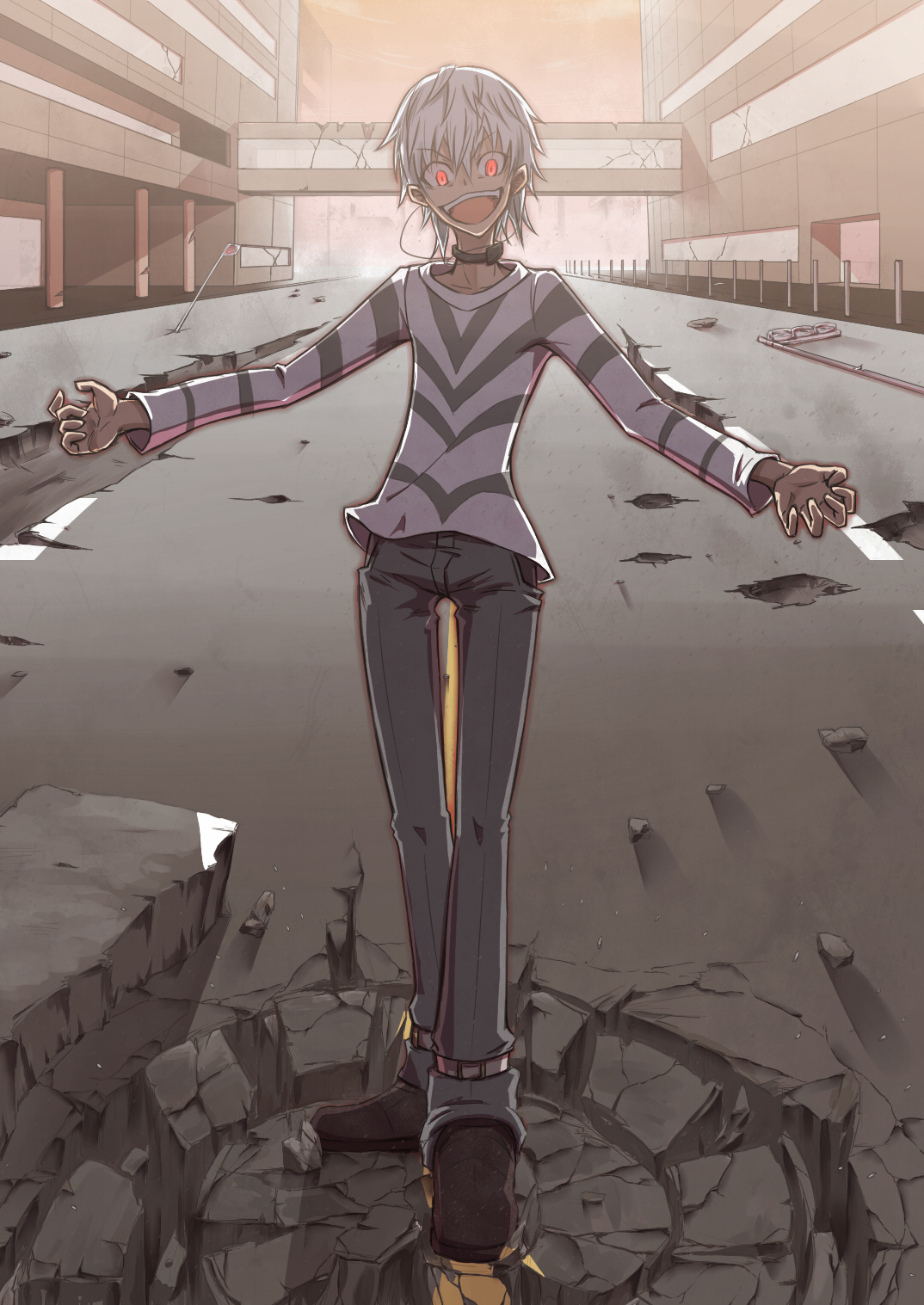 vane (vane0), accelerator (toaru majutsu no index), toaru majutsu no index, bad id, bad pixiv id, highres, 1boy, crazy smile, male focus, outstretched arms, red eyes, shirt, short hair, smile, solo, spread arms, striped clothes, striped shirt, white hair