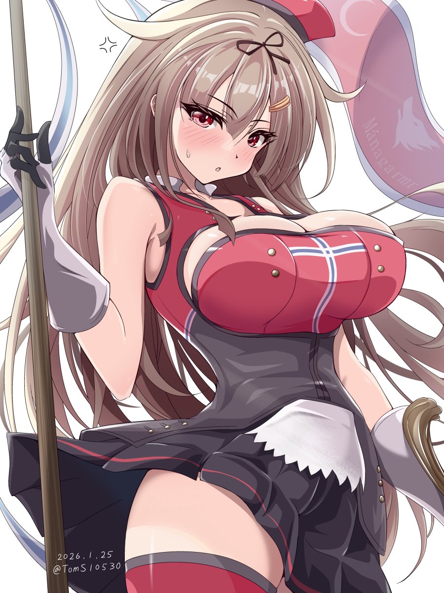 toms, eidsvold (kancolle), yuudachi (kancolle), yuudachi kai ni (kancolle), kantai collection, commentary request, highres, 1girl, anger vein, bare shoulders, black dress, black gloves, blonde hair, breasts, cleavage, cosplay, cowboy shot, dated, dress, eidsvold (kancolle) (cosplay), flag, gloves, grey dress, grey gloves, huge breasts, multicolored dress, multicolored gloves, red dress, red eyes, red thighhighs, simple background, sleeveless, sleeveless dress, small sweatdrop, solo, thighhighs, thighs, twitter username, two-tone gloves, white background