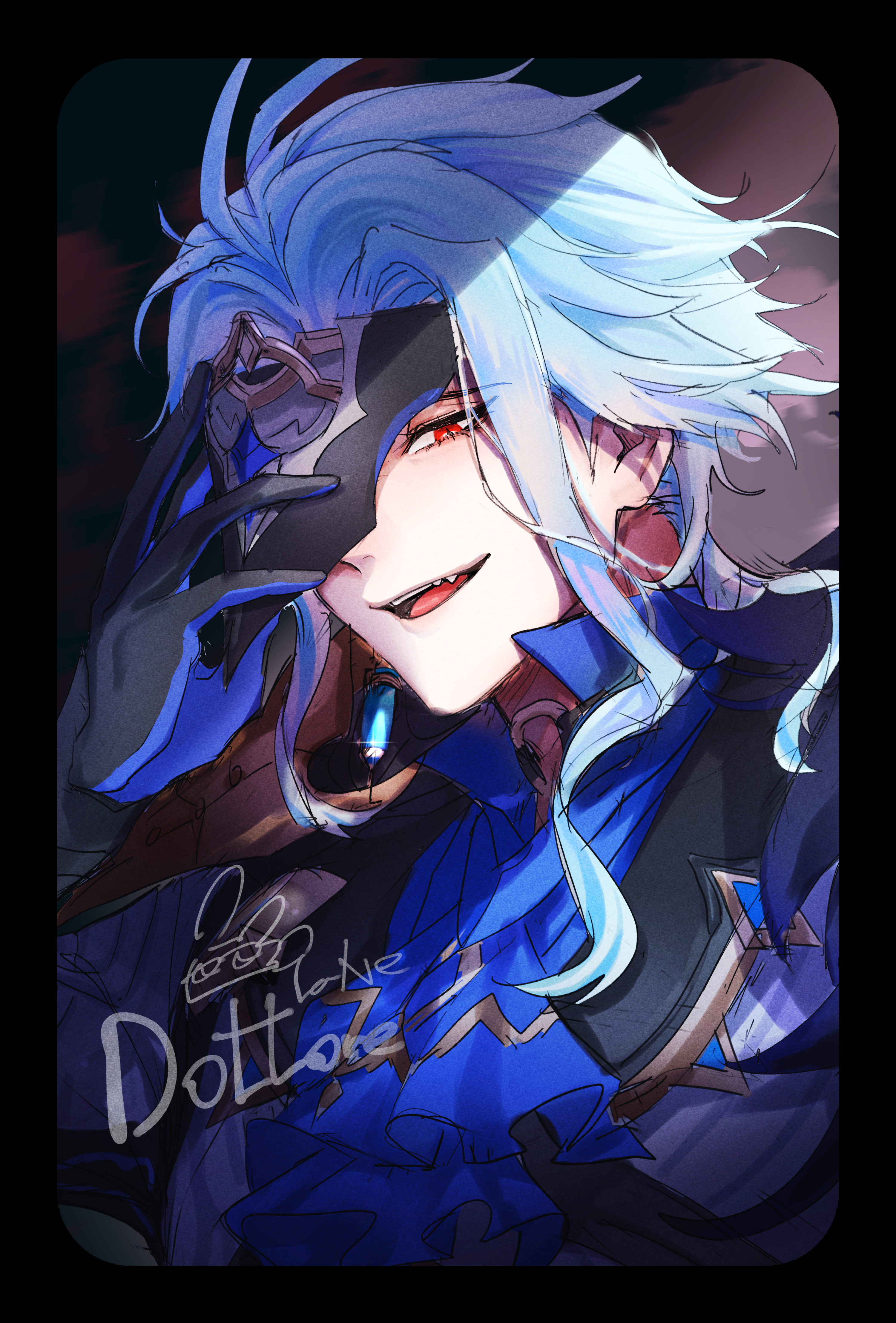 tane1379, dottore (genshin impact), genshin impact, absurdres, highres, 1boy, blue hair, earrings, eye mask, fangs, gloves, jewelry, looking at viewer, male focus, mask, multicolored gloves, open mouth, red eyes, single earring, solo, teeth
