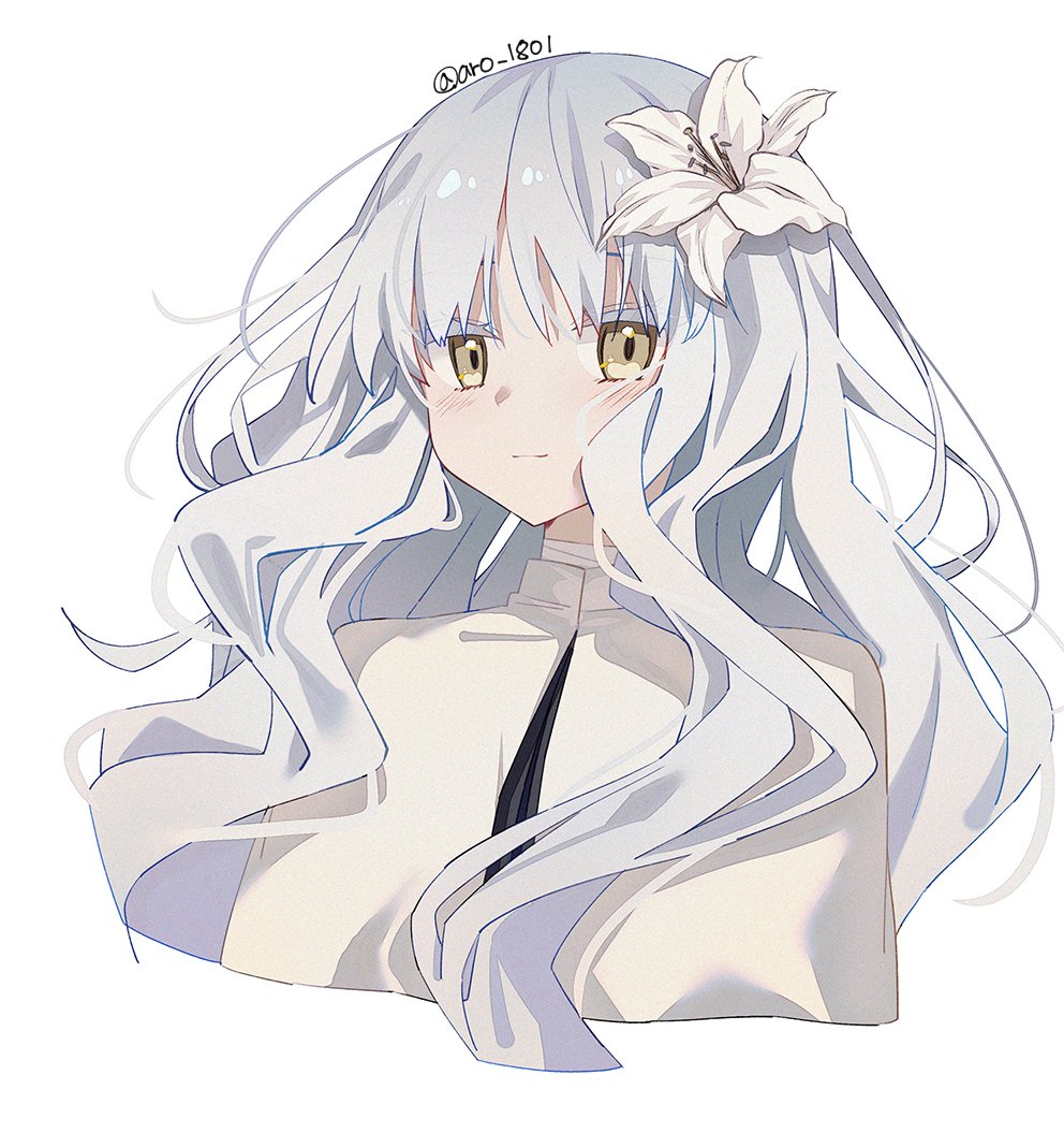 aro 1801, caren hortensia, fate/hollow ataraxia, fate (series), commentary, 1girl, artist name, bandaged neck, bandages, cropped torso, flower, guimpe, hair flower, hair ornament, light blush, light smile, lily (flower), long hair, looking at viewer, nun, sideways glance, solo, twitter username, white hair, white lily, yellow eyes