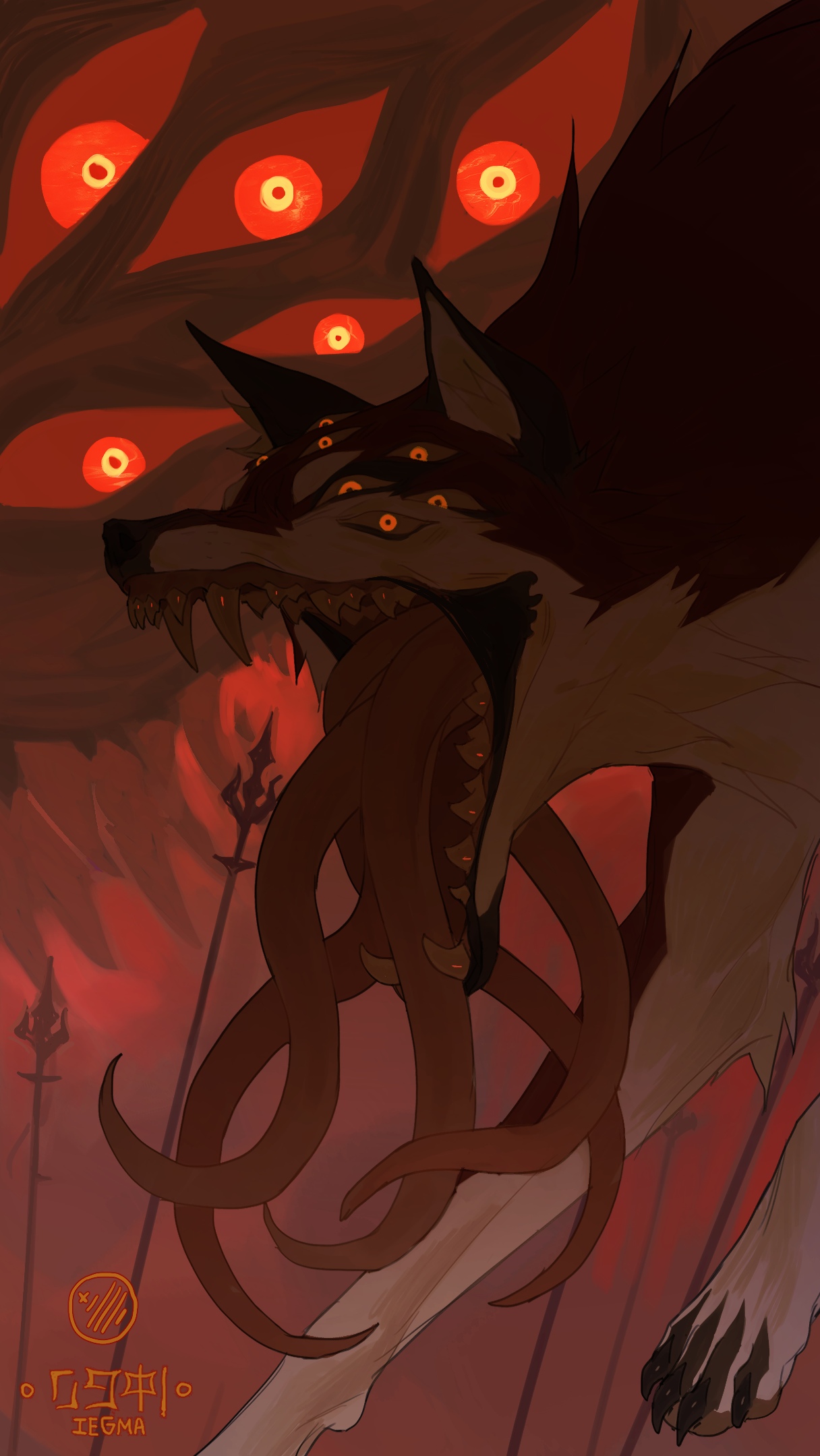 original, commentary, commentary request, highres, animal focus, artist name, blurry, claws, creature, depth of field, dragon, extra eyes, extra tongue, fangs, immorthis, limited palette, monster, red theme, teeth, watermark