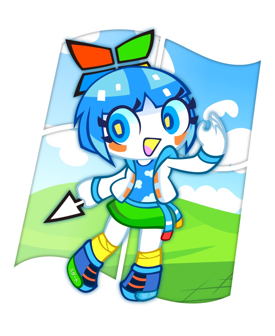 microsoft windows, original, os-tan, windows xp, 1girl, :d, blue eyes, blue hair, blue shirt, blush stickers, boots, chibi, chibi only, cloud, dande lumion, eyelashes, full body, green skirt, green socks, hair ornament, holding, hood, hood down, hoodie, jacket, long sleeves, looking at viewer, open clothes, open jacket, open mouth, shirt, short hair, skirt, sky, smile, socks, solo, white jacket, yellow socks