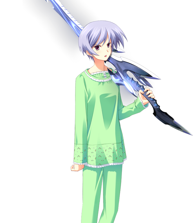 matsuo yukihiro, kishimoto ayase, chaos;head, science adventure, game cg, non-web source, official art, 1girl, annoyed, blue hair, d-sword, green pants, green shirt, holding, holding sword, holding weapon, hospital gown, looking at viewer, open mouth, pants, pink eyes, shirt, short hair, solo, sprite, sword, transparent background, weapon