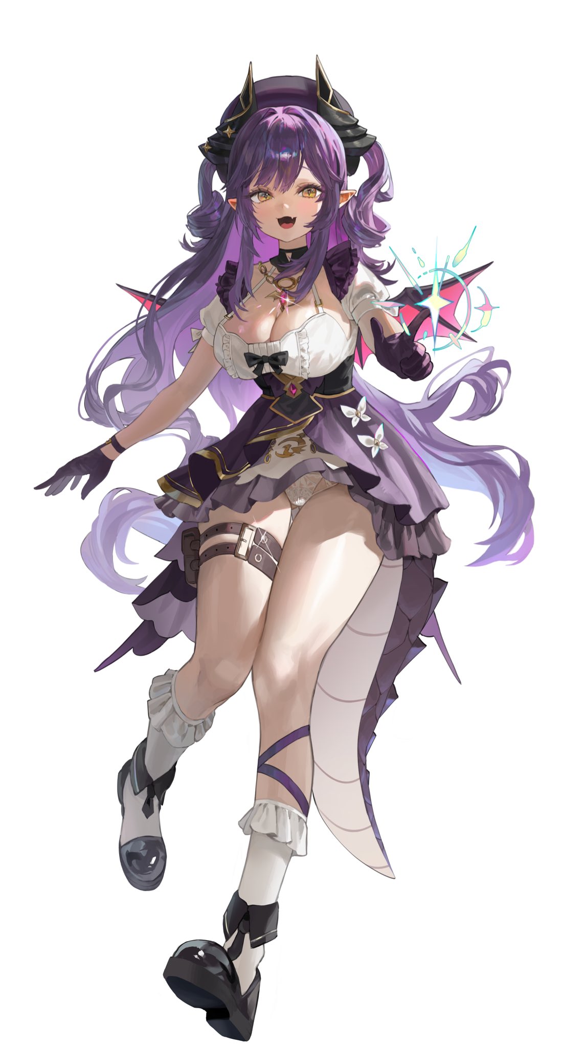 bxlm08, sakihane huya, stellive, commentary, hashtag-only commentary, highres, 1girl, belt, black shoes, breasts, cleavage, dragon girl, dragon horns, dragon tail, dragon wings, dress, fang, frilled socks, frills, full body, glint, gloves, hat, horns, jewelry, lace, lace panties, large breasts, long hair, looking at viewer, necklace, open mouth, panties, pantyshot, pointy ears, purple gloves, purple hair, purple hat, shoes, simple background, skin fang, slit pupils, socks, solo, tail, thigh belt, thigh strap, underwear, very long hair, virtual youtuber, white background, white panties, white socks, wings, yellow eyes