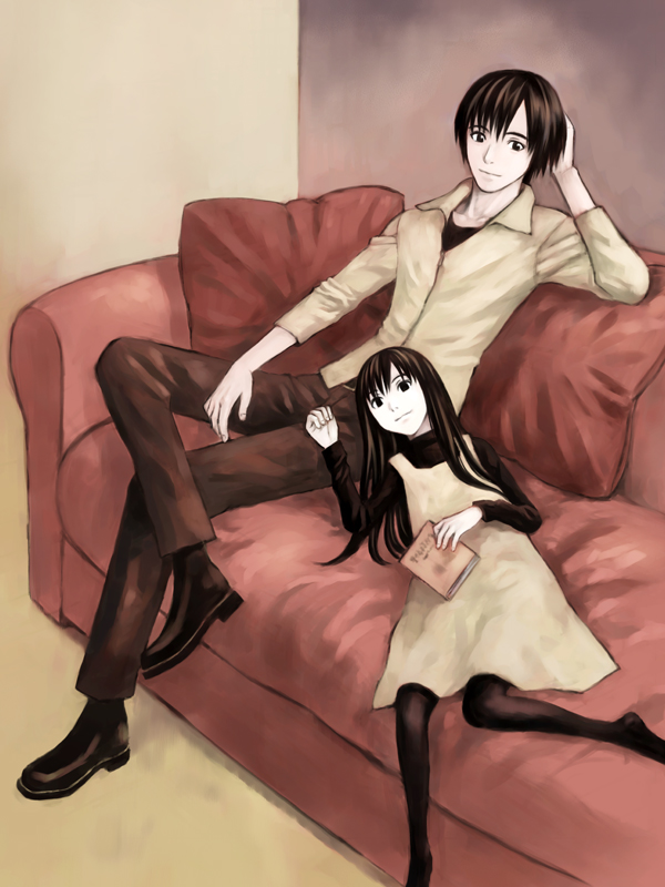 takano masayuki, kuroe kurose, misaki minato, blood alone, book, child, couch, dress, pantyhose, vampire