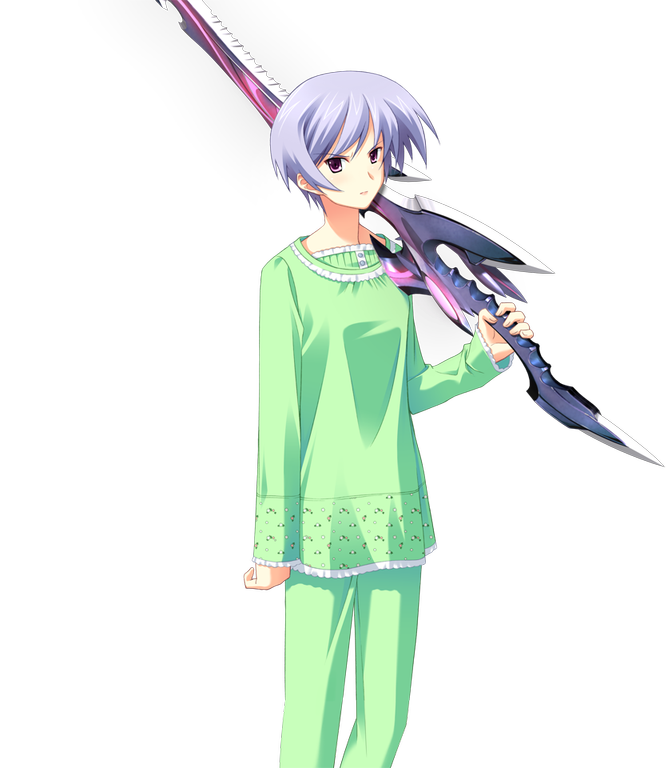matsuo yukihiro, kishimoto ayase, chaos;head, science adventure, game cg, non-web source, official art, 1girl, annoyed, blue hair, d-sword, green pants, green shirt, holding, holding sword, holding weapon, hospital gown, looking at viewer, pants, pink eyes, shirt, short hair, solo, sprite, sword, transparent background, weapon