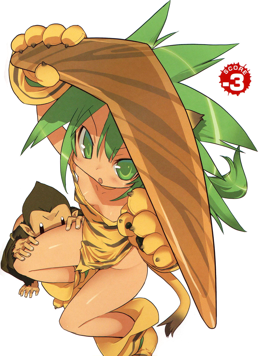 blade (galaxist), cham cham, paku paku, queen's blade, queen's gate, samurai spirits, snk, highres, 1girl, animal ears, animal hands, animal print, boomerang, breasts, cat ears, cat tail, gloves, green eyes, green hair, long hair, looking at viewer, monkey, no panties, paw gloves, paw shoes, shoes, small breasts, tail, tiger print, weapon