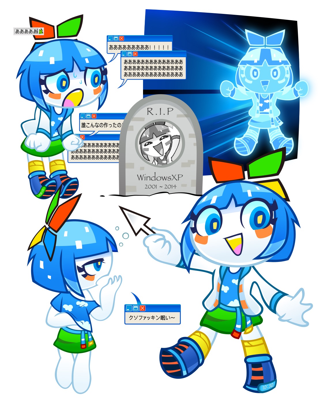 microsoft windows, original, os-tan, windows xp, highres, 1girl, barefoot, blue eyes, blue hair, blue shirt, blue socks, blunt bangs, chibi, chibi only, cursor, dande lumion, full body, green skirt, hood, jacket, long sleeves, mixed-language text, multiple views, open clothes, open jacket, open mouth, orange socks, reference sheet, shirt, shoes, short hair, simple background, skirt, smile, socks, speech bubble, squeans, teeth, white background, white jacket, yawning, yellow socks