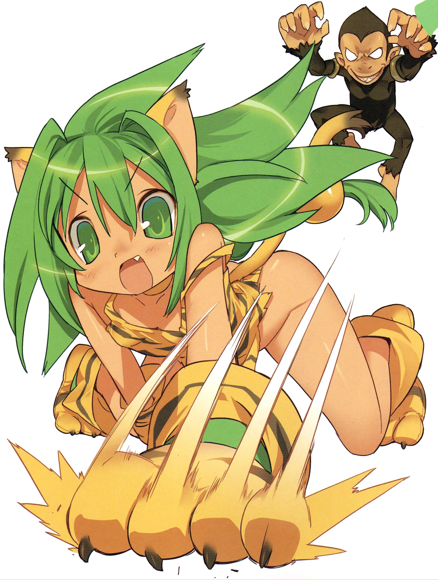 blade (galaxist), cham cham, paku paku, queen's blade, queen's gate, samurai spirits, snk, 1girl, animal ears, animal hands, animal print, cat ears, cat tail, fang, gloves, green eyes, green hair, hair ornament, long hair, no panties, open mouth, paw gloves, paw shoes, shoes, simple background, sphere hair ornament, tail, tiger print, white background