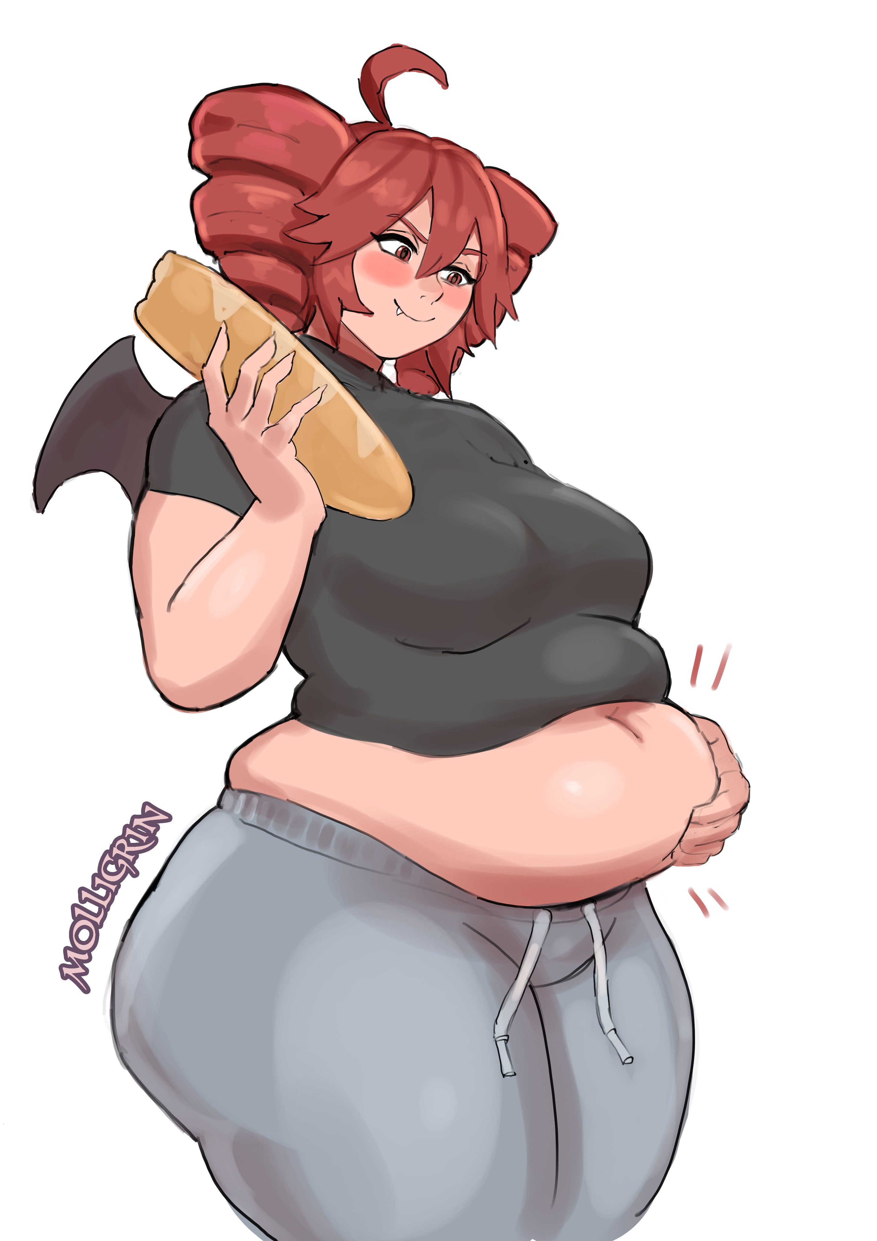 molligrin, kasane teto, utau, vocaloid, 1girl, ahoge, artist name, ass, baguette, belly, belly grab, big belly, black shirt, blush, bread, breasts, crop top, drill hair, fang, fat, fat woman, food, from side, grey pants, hair tubes, hand on own stomach, holding bread, huge ass, loaf of bread, medium breasts, medium hair, midriff, navel, pants, plump, red eyes, red hair, shirt, smile, solo, standing, sweatpants, thick thighs, thighs, tight clothes, tight shirt, twin drills, white background, wings