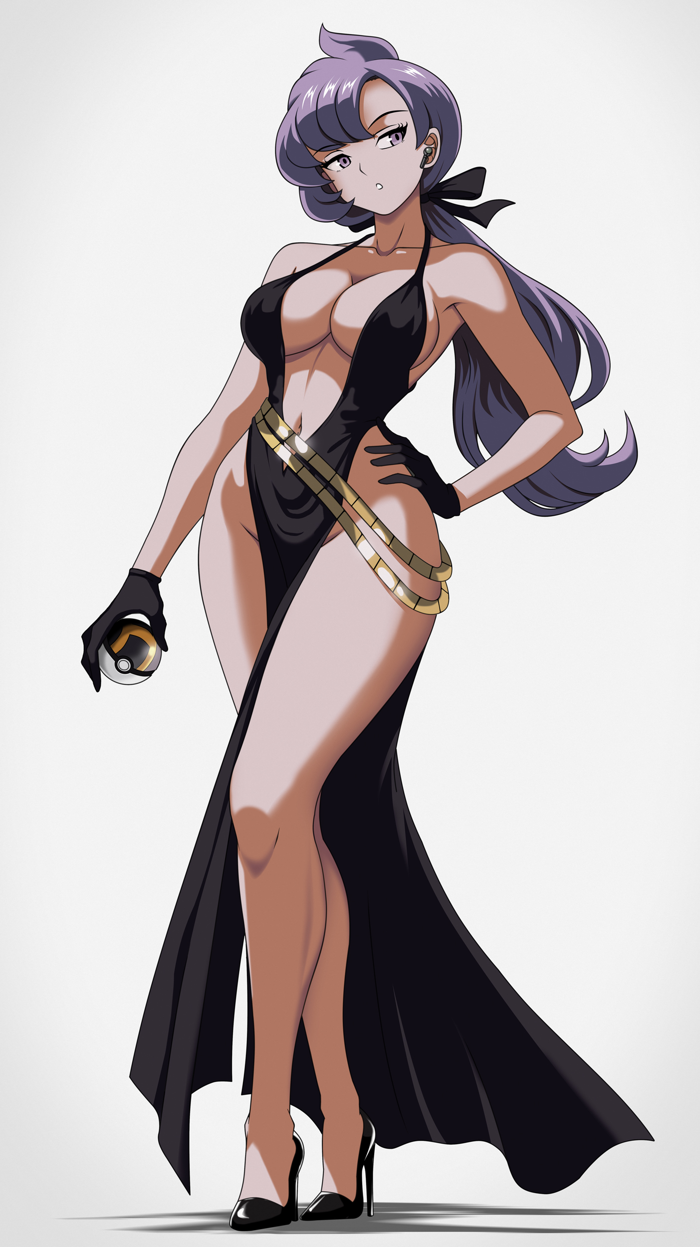 vivivoovoo, anabel (pokemon), nintendo, pokemon, highres, 1girl, bare legs, bare shoulders, breasts, cleavage, curvy, dress, earpiece, female focus, full body, gloves, hand on own hip, high heels, large breasts, long hair, matching hair/eyes, navel, poke ball, purple eyes, purple hair, solo, thick thighs, thighs, ultra ball, wide hips