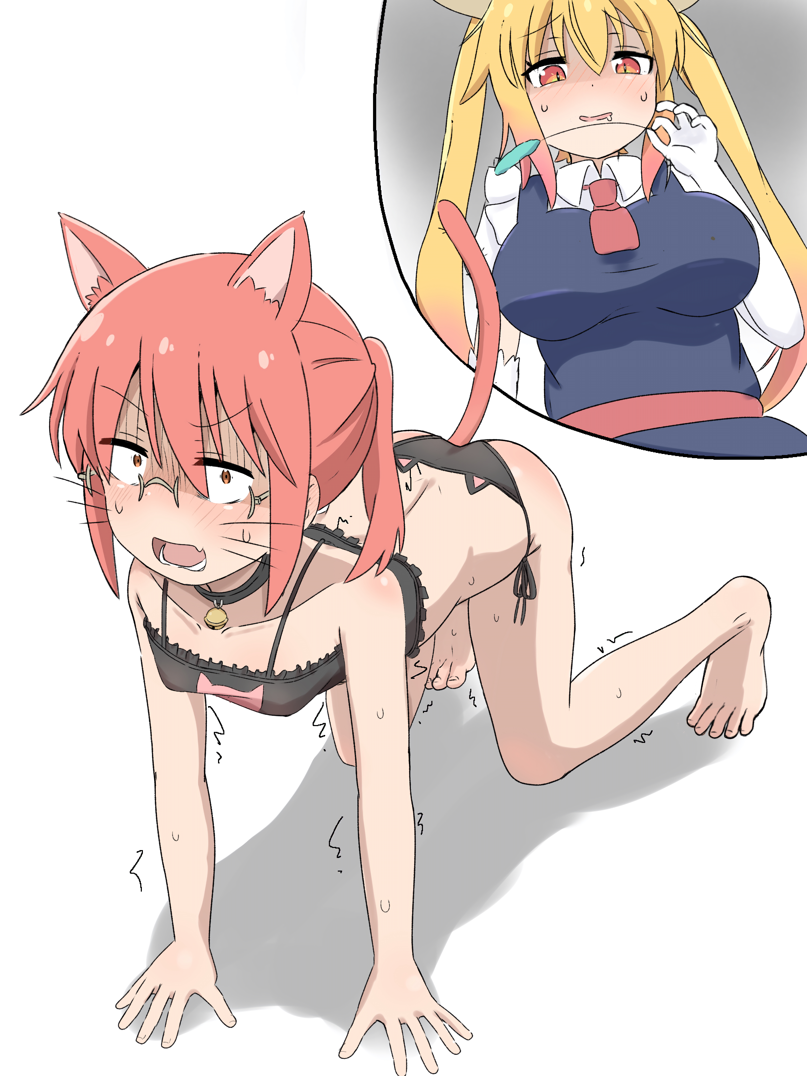 microdon, kobayashi (maidragon), tohru (maidragon), kobayashi-san chi no maidragon, variant set, 2girls, all fours, animal collar, animal ears, barefoot, black bra, black collar, black panties, blonde hair, blue dress, blush, bra, breasts, cat ears, cat girl, cat lingerie, cat tail, collar, collarbone, constricted pupils, dot nose, dragon girl, dragon horns, dress, elbow gloves, embarrassed, excited, fang, female focus, female pov, from above, from below, full body, glasses, gloves, horns, kemonomimi mode, large breasts, long hair, lower teeth only, multiple girls, multiple views, naughty face, necktie, open mouth, orange eyes, panties, ponytail, pov, red hair, red necktie, scared, shirt, short hair, short ponytail, simple background, skin fang, skinny, sleeveless, sleeveless dress, small breasts, tail, teeth, toes, turn pale, twintails, underwear, upper body, white background, white gloves, white shirt, yellow eyes, yuri