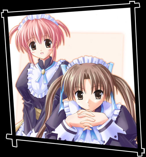 koizumi marine, sakuma haruhi, cosmos no sora ni, 2girls, blush, brown eyes, brown hair, closed mouth, dot nose, long hair, looking at viewer, maid, maid headdress, medium hair, multiple girls, open mouth, pink hair, standing, twintails, waitress